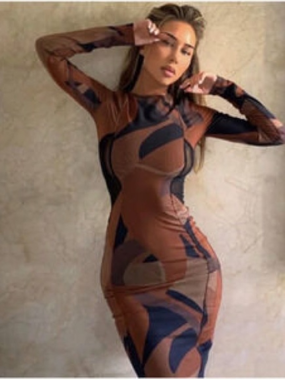 House of CB Brown and Navy Long Sleeve Bodycon Dress